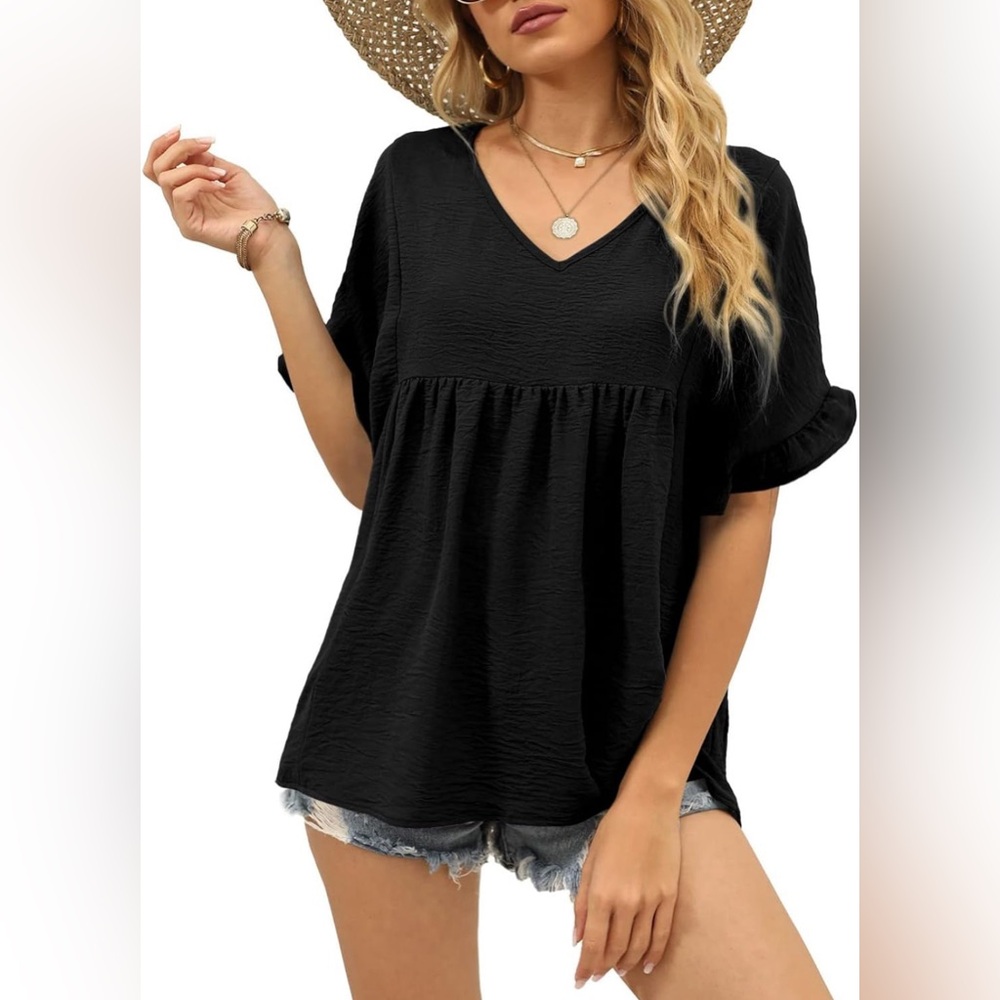 WIHOLL Tops Casual V Neck Ruffle Sleeve T Shirts Babydoll Loose Fit Peplum Tops